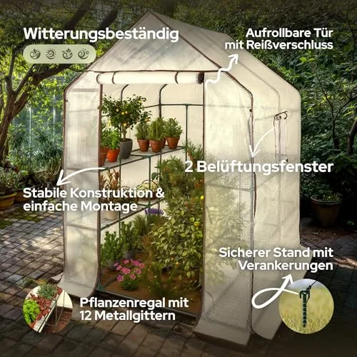 Arebos Premium Foliengewächshaus Gewächshaus mit 3 Ebenen - 143 x 143 x 195 cm Treibhaus mit Ablagen & Ventilationsfenster - Platzsparend, Hochwertiges Anzuchthaus Garten Balkon Stabil – Bild 9