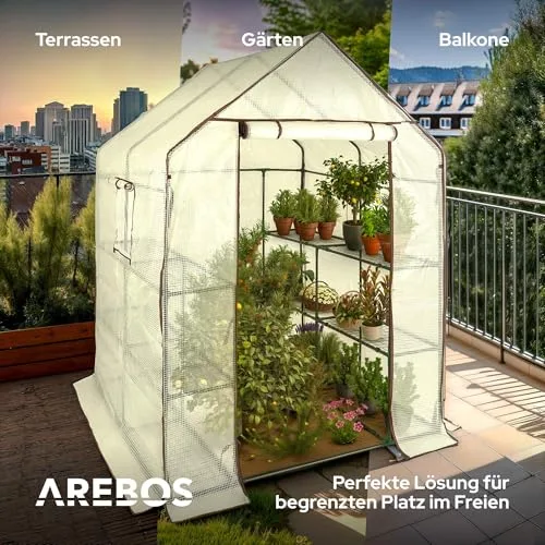 Arebos Premium Foliengewächshaus Gewächshaus mit 3 Ebenen - 143 x 143 x 195 cm Treibhaus mit Ablagen & Ventilationsfenster - Platzsparend, Hochwertiges Anzuchthaus Garten Balkon Stabil – Bild 10