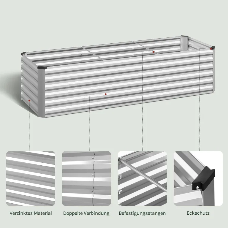 WOLTU Hochbeet für Garten Balkon, Pflanzkübel aus robustem Stahlblech mit stabilem Design, Pflanzkasten, Blumenkasten, 238 x 56 x 80 cm, Silber – Bild 7