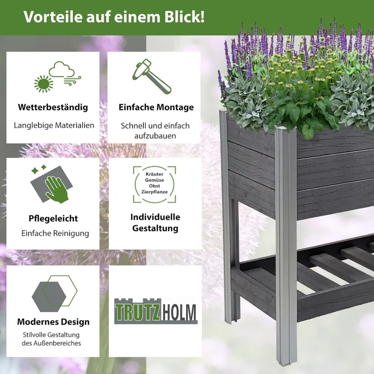 TRUTZHOLM Hochbeet mit Ablage 79x46x74 cm 65 Liter Holzoptik robust witterungsbeständig Kräuterbeet Pflanzkasten Anthrazit – Bild 8
