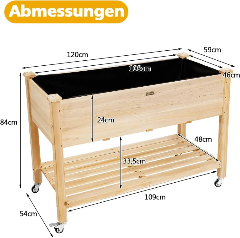 GOPLUS Hochbeet mit Rollen, Gartenbeet mit Ablage & Abflusslöcher, Pflanzbeet aus Tannenholz für Garten & Terrasse, Natur (mit Rollen, 120x59x84 cm) – Bild 7