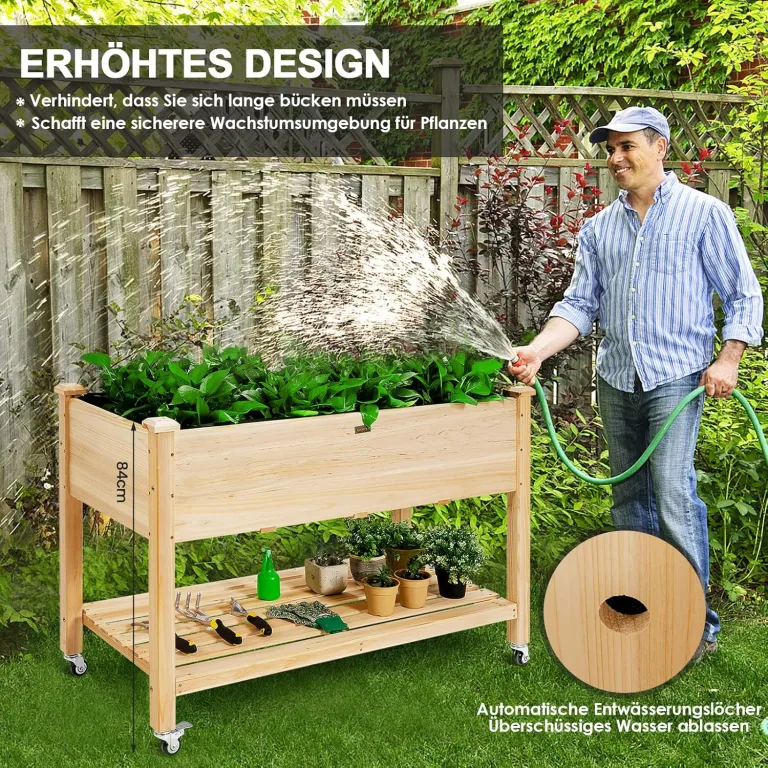 GOPLUS Hochbeet mit Rollen, Gartenbeet mit Ablage & Abflusslöcher, Pflanzbeet aus Tannenholz für Garten & Terrasse, Natur (mit Rollen, 120x59x84 cm) – Bild 8