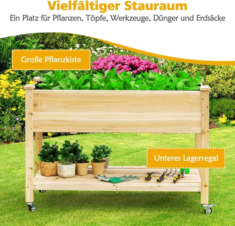 GOPLUS Hochbeet mit Rollen, Gartenbeet mit Ablage & Abflusslöcher, Pflanzbeet aus Tannenholz für Garten & Terrasse, Natur (mit Rollen, 120x59x84 cm) – Bild 9