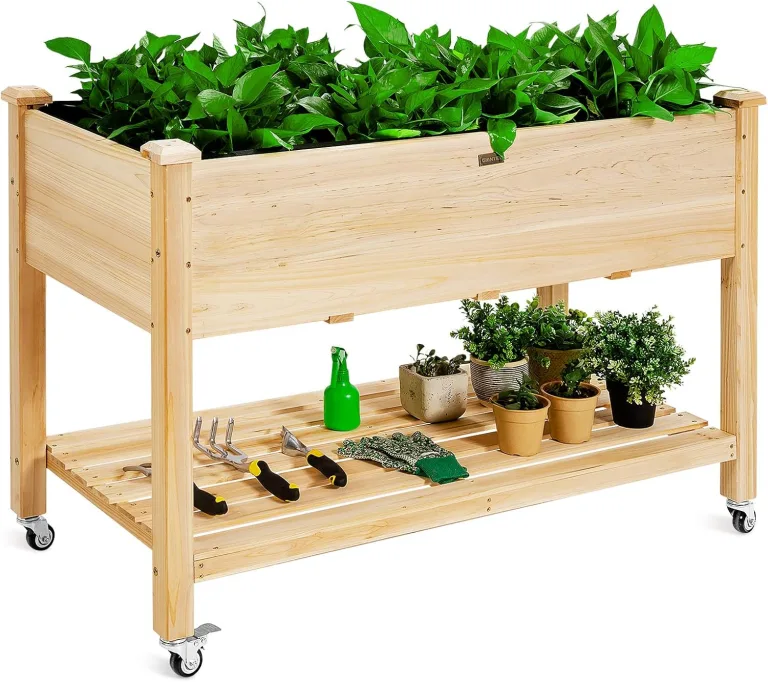 FANTASK Hochbeet aus Holz mit Ablage & Rollen, Erhöhtes Gartenbeet, Pflanzkasten mit feststellbaren Rädern & Abdeckfolie, Natur – Bild 1