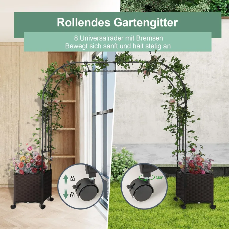 COSTWAY 2 in 1 Rosenbogen mit Blumenkasten, 202 cm, Gartenbogen aus Metall und PP, Spalier mit 2 Pflanzkästen auf Rollen & Drainagelöchern, Rankbogen Torbogen für Kletterpflanzen, Outdoor, Schwarz – Bild 2