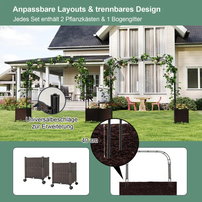 COSTWAY 2 in 1 Rosenbogen mit Blumenkasten, 202 cm, Gartenbogen aus Metall und PP, Spalier mit 2 Pflanzkästen auf Rollen & Drainagelöchern, Rankbogen Torbogen für Kletterpflanzen, Outdoor, Schwarz – Bild 5