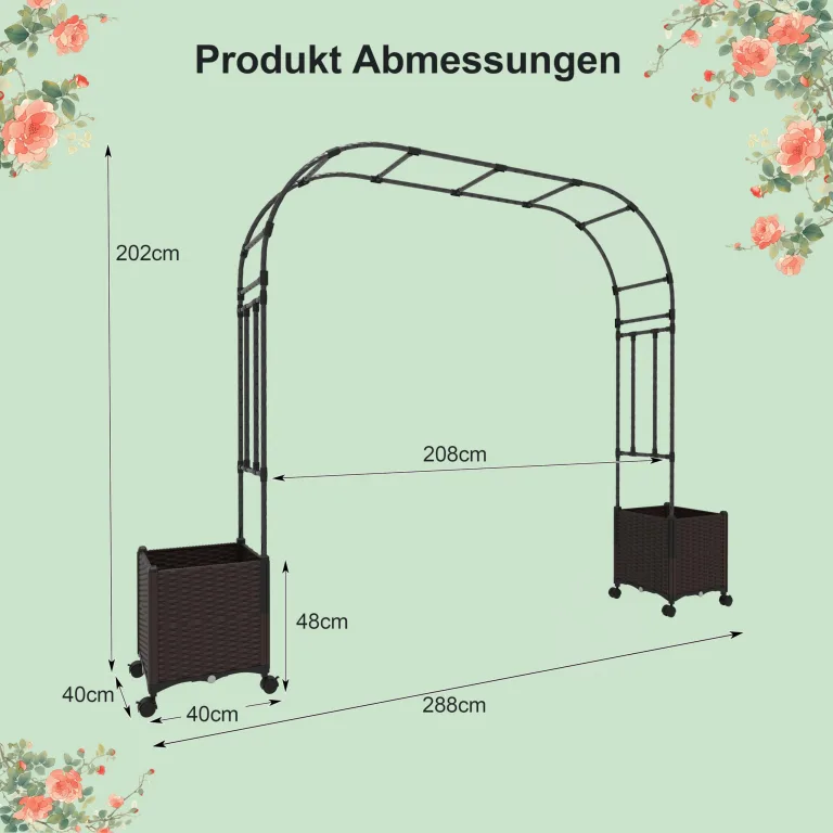 COSTWAY 2 in 1 Rosenbogen mit Blumenkasten, 202 cm, Gartenbogen aus Metall und PP, Spalier mit 2 Pflanzkästen auf Rollen & Drainagelöchern, Rankbogen Torbogen für Kletterpflanzen, Outdoor, Schwarz – Bild 6
