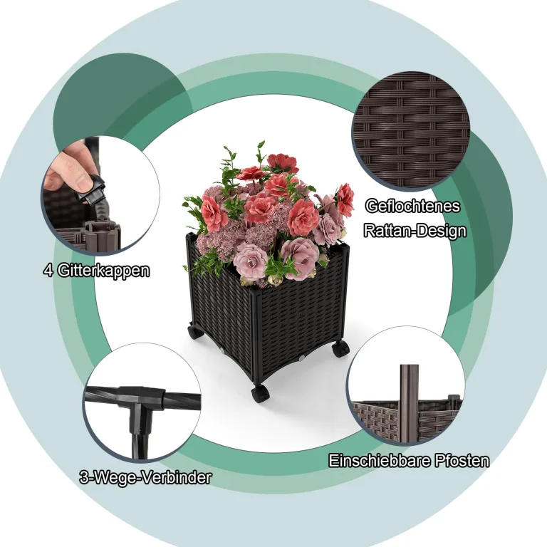 COSTWAY 2 in 1 Rosenbogen mit Blumenkasten, 202 cm, Gartenbogen aus Metall und PP, Spalier mit 2 Pflanzkästen auf Rollen & Drainagelöchern, Rankbogen Torbogen für Kletterpflanzen, Outdoor, Schwarz – Bild 7