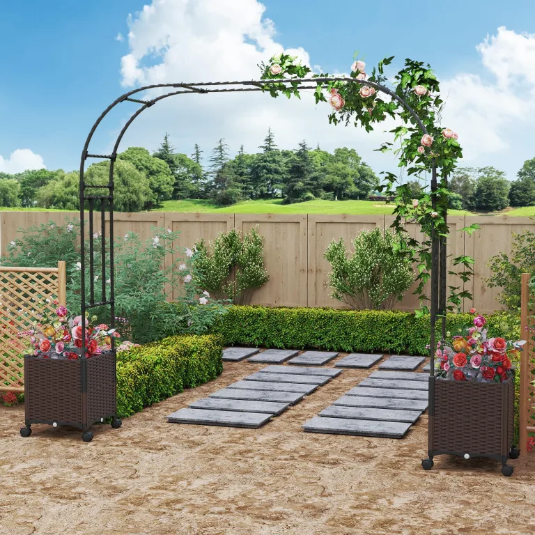 COSTWAY 2 in 1 Rosenbogen mit Blumenkasten, 202 cm, Gartenbogen aus Metall und PP, Spalier mit 2 Pflanzkästen auf Rollen & Drainagelöchern, Rankbogen Torbogen für Kletterpflanzen, Outdoor, Schwarz – Bild 9