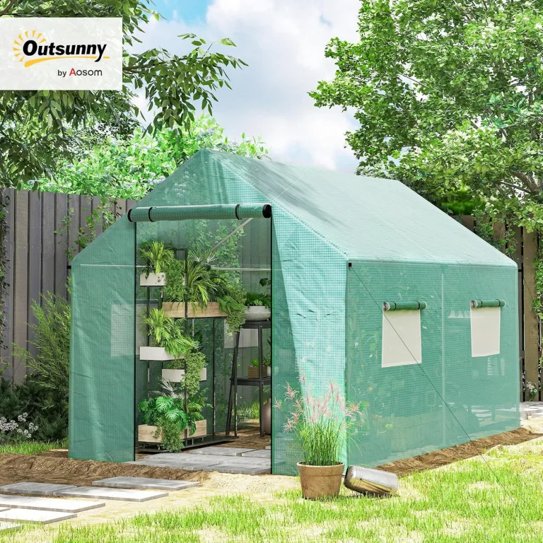 Outsunny Foliengewächshaus, 2 x 3 x 2 m Treibhaus mit UV-Schutz, Winddichtes Gewächshaus, Tomatenhaus mit Rolltür, Rollfenster, Stahl, für Garten, Grün – Bild 2