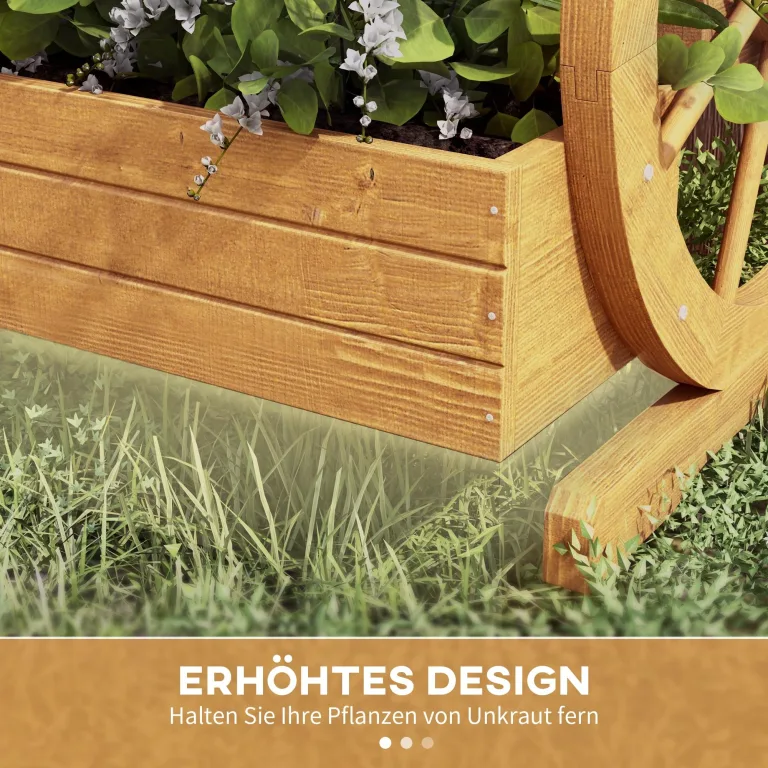 Outsunny Hochbeet aus Holz, Blumenkasten mit 3 Etagen, Gemüsebeet mit Wagenrad-Dekor, Kräuterbeet mit Entwässerungslöchern für Garten, Balkon, Teak, 61 x 62 x 57 cm – Bild 4