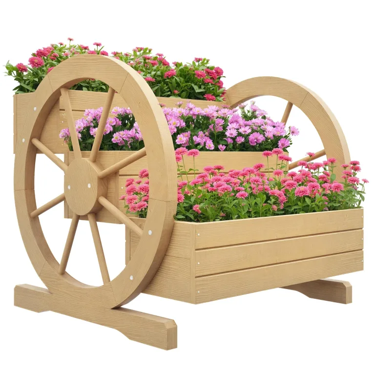 Outsunny Hochbeet aus Holz, Blumenkasten mit 3 Etagen, Gemüsebeet mit Wagenrad-Dekor, Kräuterbeet mit Entwässerungslöchern für Garten, Balkon, Teak, 61 x 62 x 57 cm – Bild 9