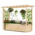 HOMASIS Blumenkasten mit 2 Rankgitter & Dachregal, Hochbeet mit Spalier, Holz Pflanzkasten für Kletterpflanz, Pflanzkübel Pflanzgefäß Rankhilfe für Garten Balkon Terrasse (Natur, 150x50x104cm) - Thumbnail 1