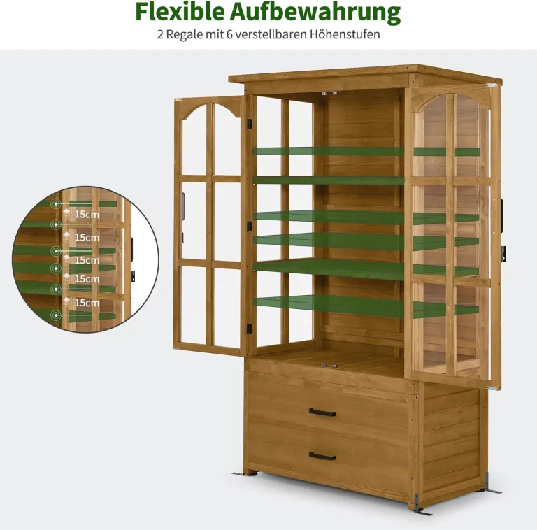 M MCombo Gartenschrank Gartenhaus Holz Wetterfest, Geräteschrank Gerätehaus Outdoor, für Außenbereich Balkon Terrasse, Gartenhütte mit 2 Bewegliche Regale, 58×107×180 cm, 1155 (Natur) – Bild 4