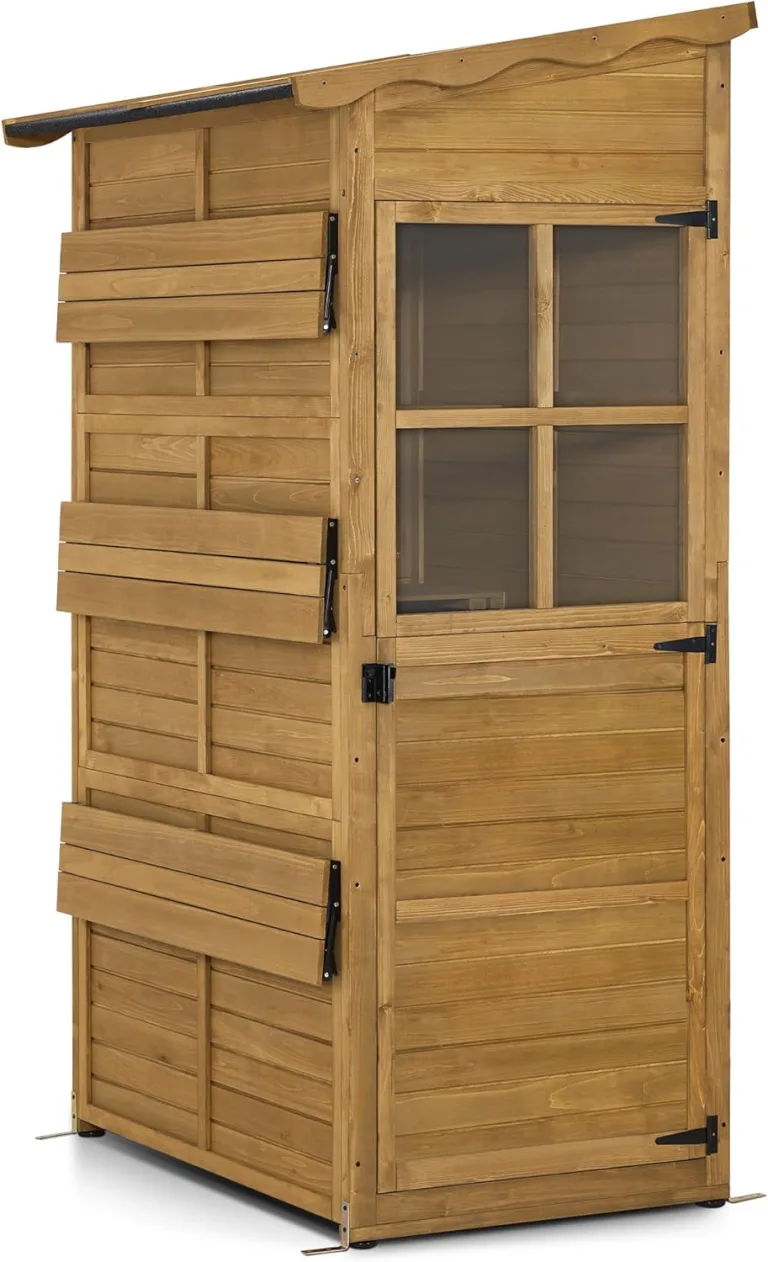 M MCombo Gartenschrank Gartenhaus Holz Wetterfest, Outdoor Schrank Wetterfest, Geräteschuppen Begehbar, für Außenbereich Balkon & Terrasse, Gerätehaus mit 3 Feste Regale, 120×86×201 cm, 1753 (Natur) – Bild 1