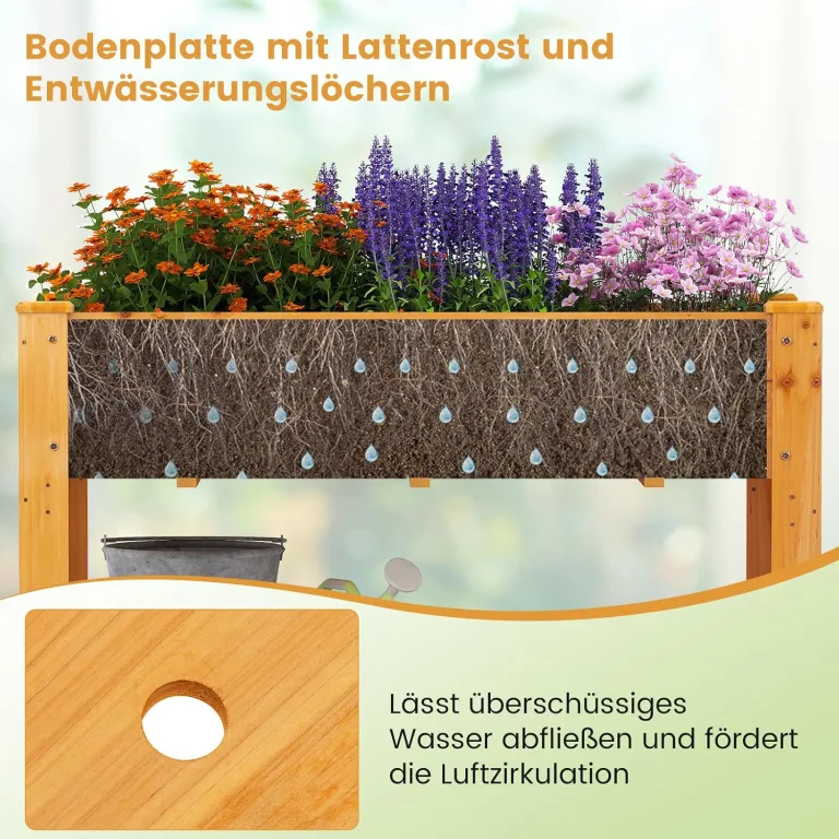 COSTWAY Hochbeet mit Ablage, Erhöhtes Gartenbeet aus Holz, Pflanzkasten mit Entwässerungslöchern, Gemüsebeet Kräuterbeet groß, für Balkon Garten Terrasse, 120 x 60 x 81 cm (Braun) – Bild 5