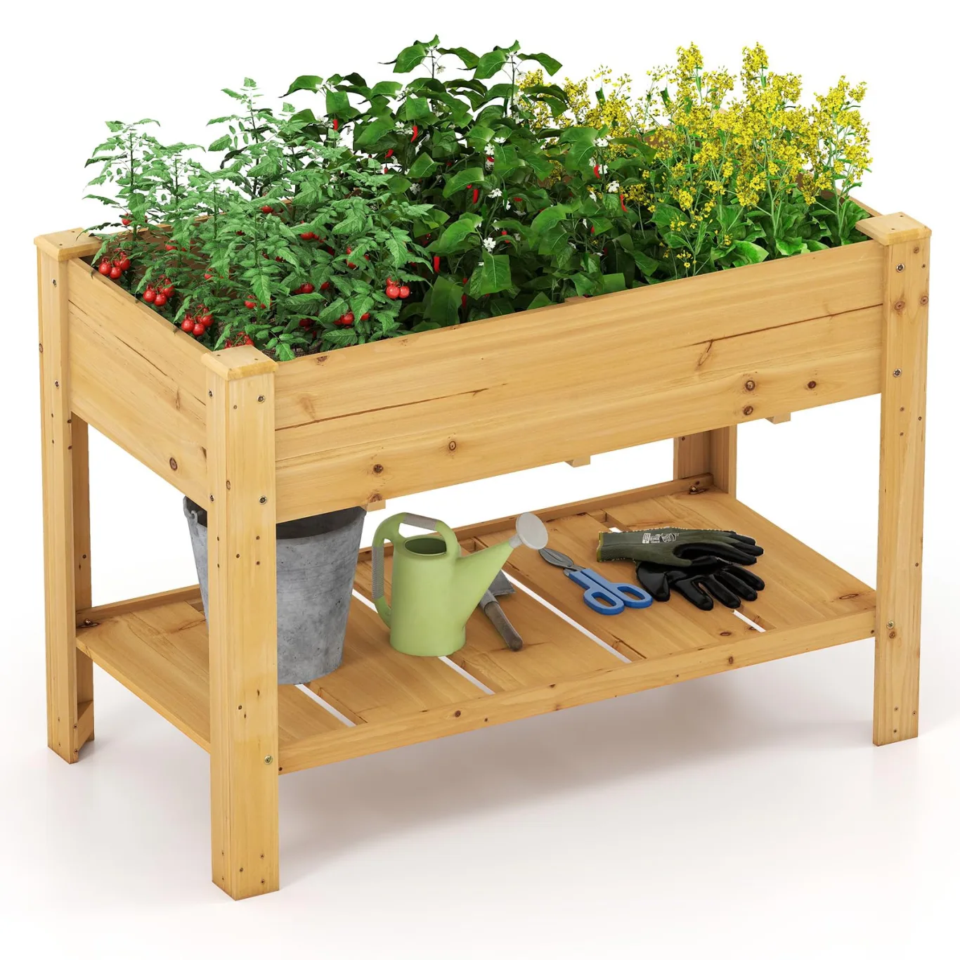 COSTWAY Hochbeet mit Ablage, Erhöhtes Gartenbeet aus Holz, Pflanzkasten mit Entwässerungslöchern, Gemüsebeet Kräuterbeet groß, für Balkon Garten Terrasse, 120 x 60 x 81 cm (Natur) - Bild 1