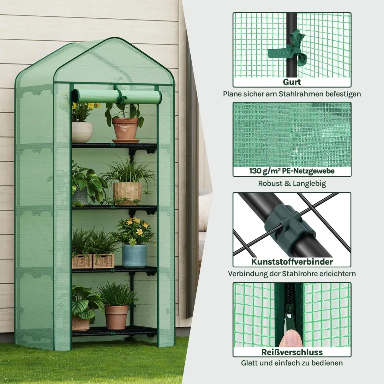 WOLTU Gewächshaus mit Rollen, Foliengewächshaus mit 4 Regalen, halbtransparentes Tomatengewächshaus mit aufrollbarer Tür, Winterschutz für Pflanzen, für Balkon Terrasse Garten, 70x50x162 cm, Grün – Bild 5