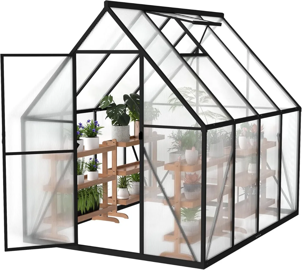 Gewächshaus Aluminium Gartengewächshäuser mit 6 cm Fundament und 4 mm PC Platte Treibhaus Tomatenhaus Gartenhaus UV beständig Wetterfest für den Garten, 230x180x195 cm