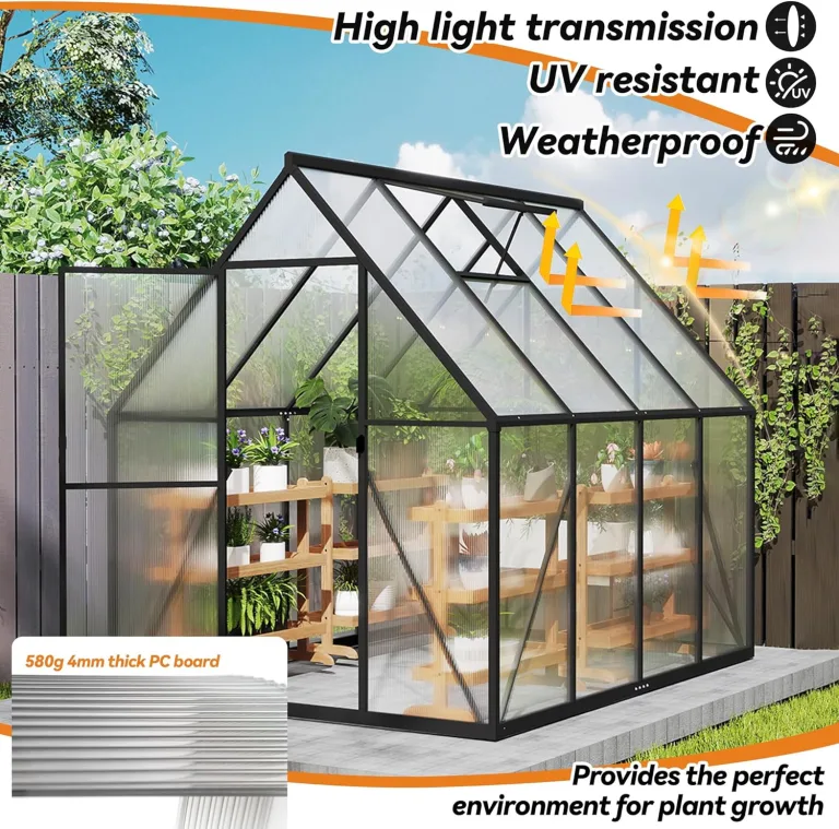 Gewächshaus Aluminium Gartengewächshäuser mit 6 cm Fundament und 4 mm PC Platte Treibhaus Tomatenhaus Gartenhaus UV beständig Wetterfest für den Garten, 230x180x195 cm – Bild 6
