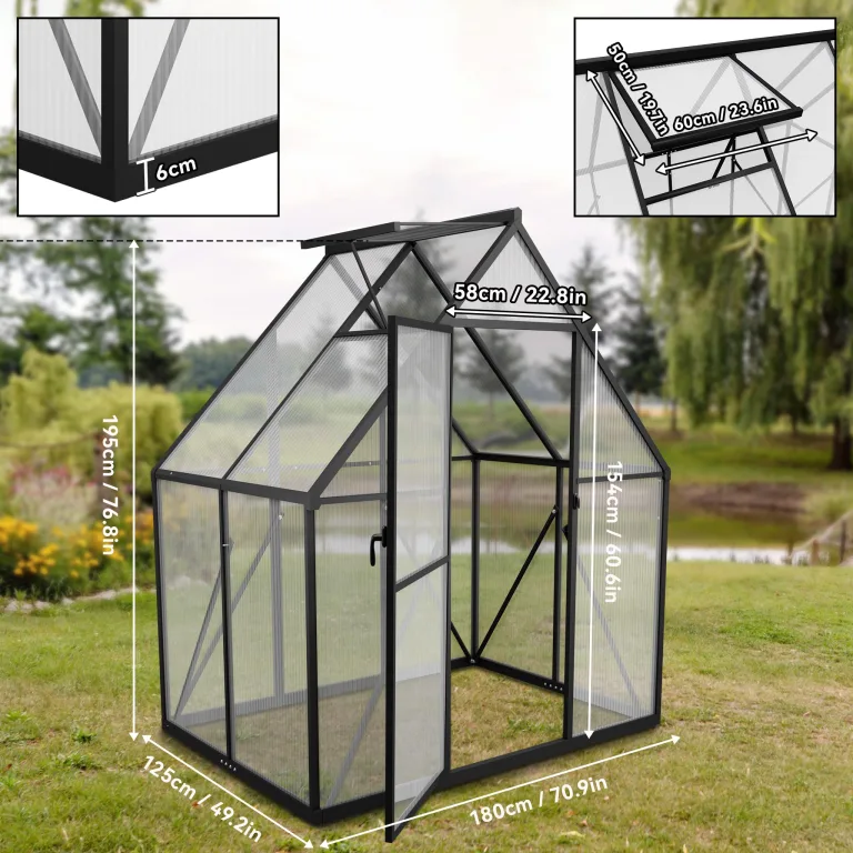 NAIZY Gewächshaus 125x180x195 cm Gartengewächshäuser mit Bodenanker & 6 cm Base Foliengewächshaus aus 580g 4 mm PC Platte & Aluminium, Tomatengewächshaus Anzucht Winterfest UV-Schutz (6x4ft) – Bild 2