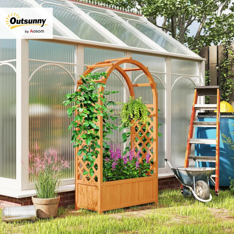 Outsunny Hochbeet Pflanzkasten mit Rankgitter, Gebogendach Spalier Pflanzkübel Holz, Gartenspalier 83x36x145cm für Garten Balkon Terrasse, Blumenkübel für Kletterpflanzen Korbpflanzen, Blumen – Bild 2