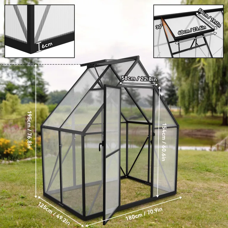Gewächshaus Aluminium, Treibhaus mit Transparent PC Platten Dachfenster & Tür & Fundament, 125x180x195cm Winterfest Gartengewächshäuser, Begehbares Pflanzenhaus für Garten Outdoor – Bild 2