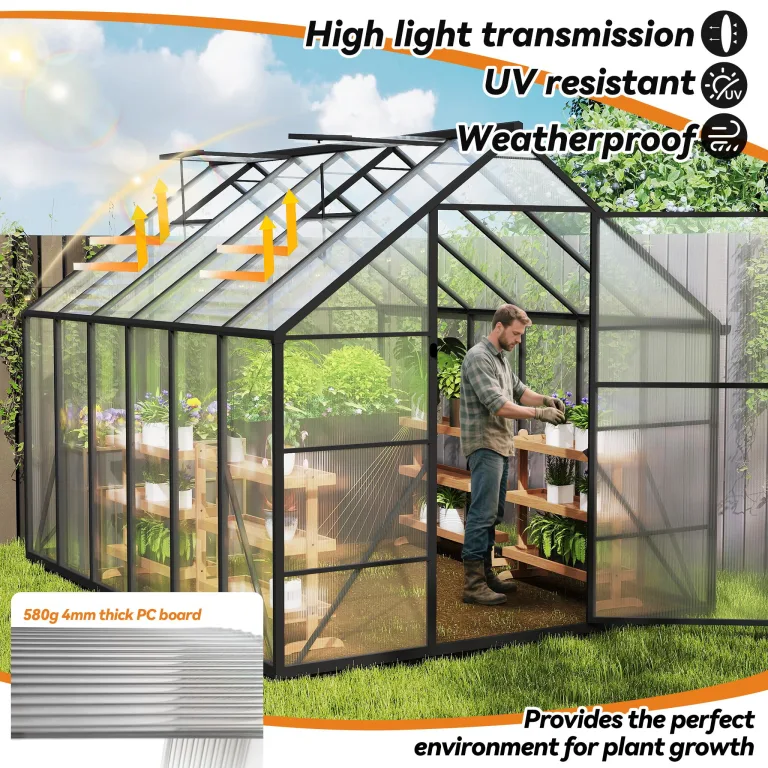 Gewächshaus Aluminium, Treibhaus mit Transparent PC Platten Dachfenster & Tür & Fundament, 125x180x195cm Winterfest Gartengewächshäuser, Begehbares Pflanzenhaus für Garten Outdoor – Bild 6