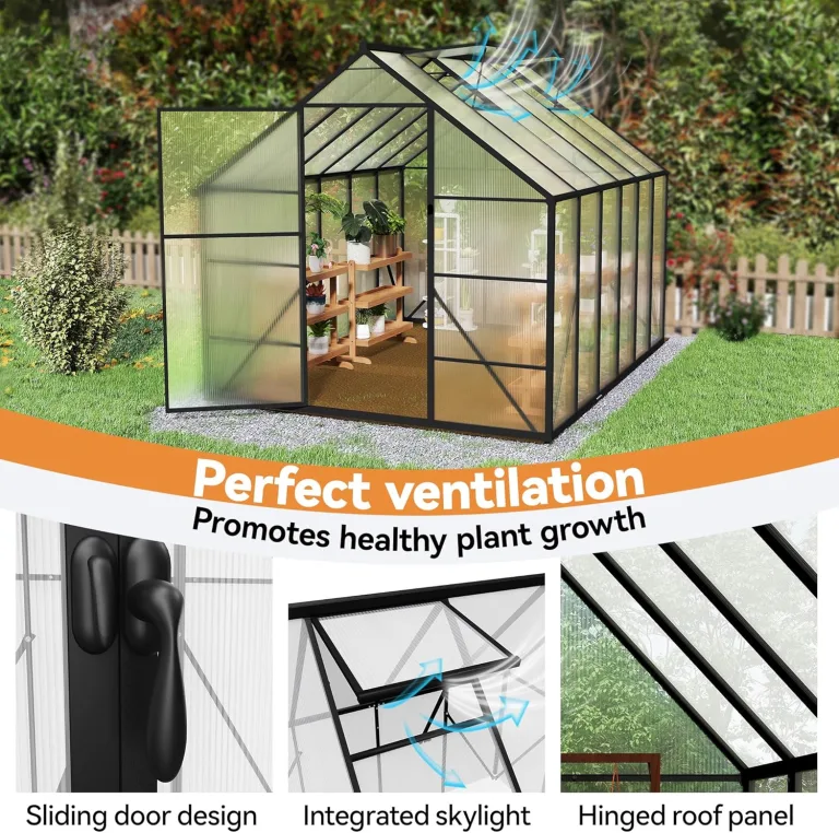 Gewächshaus Aluminium Treibhaus mit Transparent PC Platten Dachfenster & Tür & Fundament 280x180x195cm Winterfest Gartengewächshäuser Begehbares Pflanzenhaus für Garten Outdoor – Bild 7