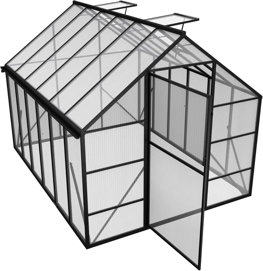 Gewächshaus Aluminium Treibhaus mit Transparent PC Platten Dachfenster & Tür & Fundament 310x250x205cm Winterfest Gartengewächshäuser Begehbares Pflanzenhaus für Garten Outdoor