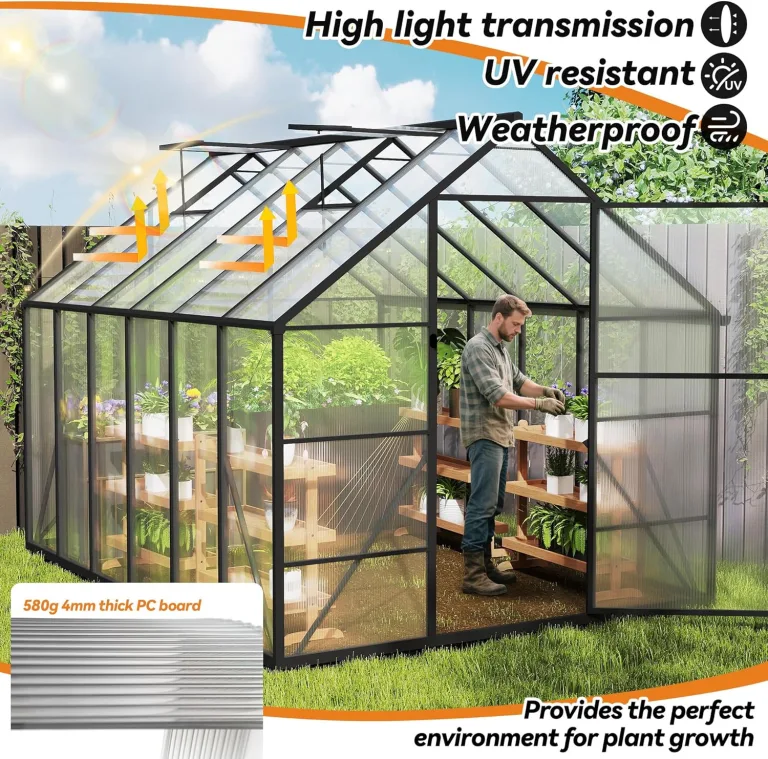 Gewächshaus Aluminium Treibhaus mit Transparent PC Platten Dachfenster & Tür & Fundament 310x250x205cm Winterfest Gartengewächshäuser Begehbares Pflanzenhaus für Garten Outdoor – Bild 6
