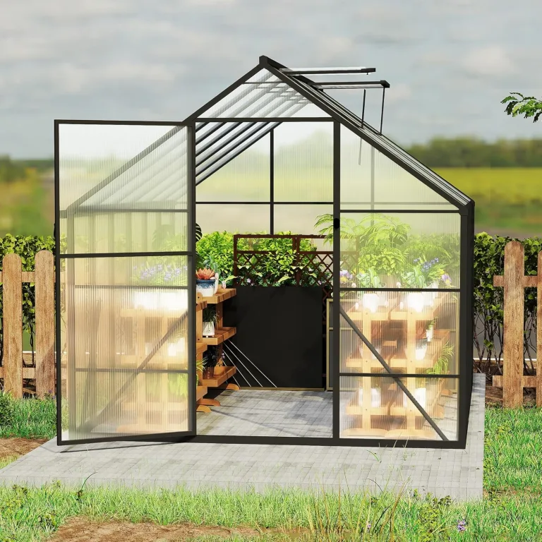 Gewächshaus Aluminium Treibhaus mit Transparent PC Platten Dachfenster & Tür & Fundament 310x250x205cm Winterfest Gartengewächshäuser Begehbares Pflanzenhaus für Garten Outdoor – Bild 9