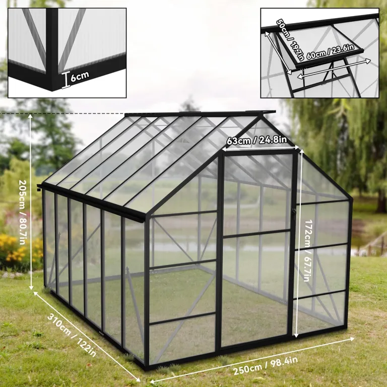 Gewächshaus Aluminium Treibhaus mit Transparent PC Platten Dachfenster & Tür & Fundament 310x250x205cm Winterfest Gartengewächshäuser Begehbares Pflanzenhaus für Garten Outdoor – Bild 2