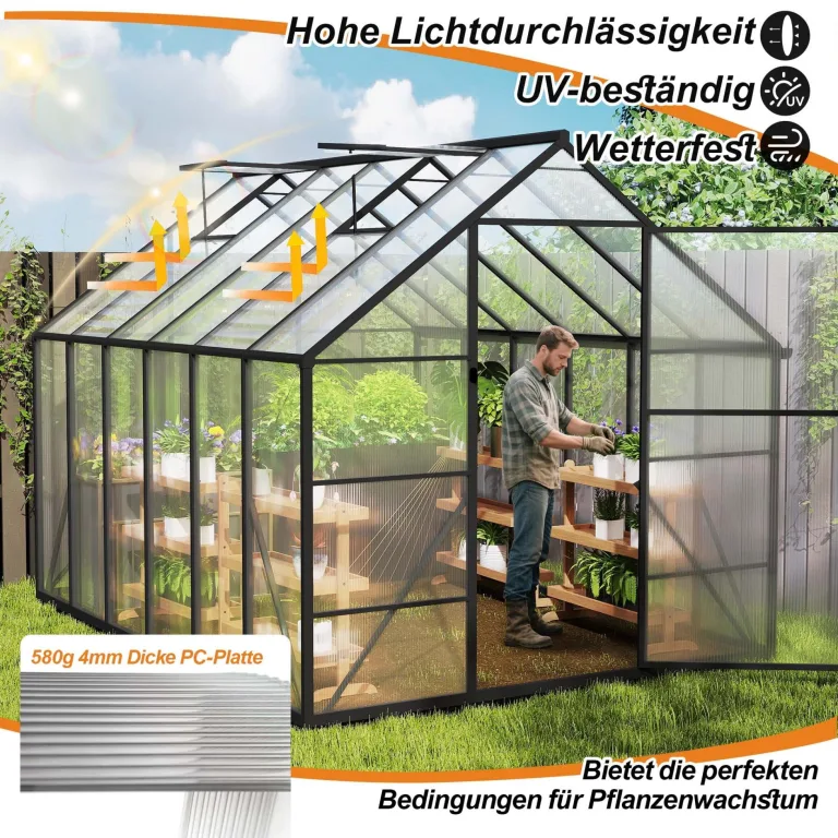 YRHome Premium Gewächshaus Aluminium 310x250x205cm 7.75m² Begehbares Garten-Gewächshaus mit verstärktem Fundament & Dachfenster & Tür Wetterfest & temperaturbeständig für Tomaten, Gemüse & Pflanzen – Bild 7