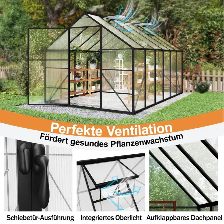 YRHome Premium Gewächshaus Aluminium 380x250x205cm 9.5m² Begehbares Garten-Gewächshaus mit verstärktem Fundament & Dachfenster & Tür Wetterfest & temperaturbeständig für Tomaten, Gemüse & Pflanzen – Bild 5