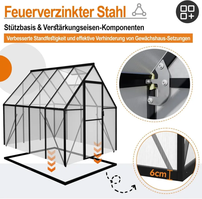 Premium Gewächshaus Aluminium 230x180x195cm 4.14m² Begehbares Garten-Gewächshaus mit verstärktem Fundament & Dachfenster & Tür Wetterfest & temperaturbeständig für Tomaten, Gemüse & Pflanzen – Bild 3