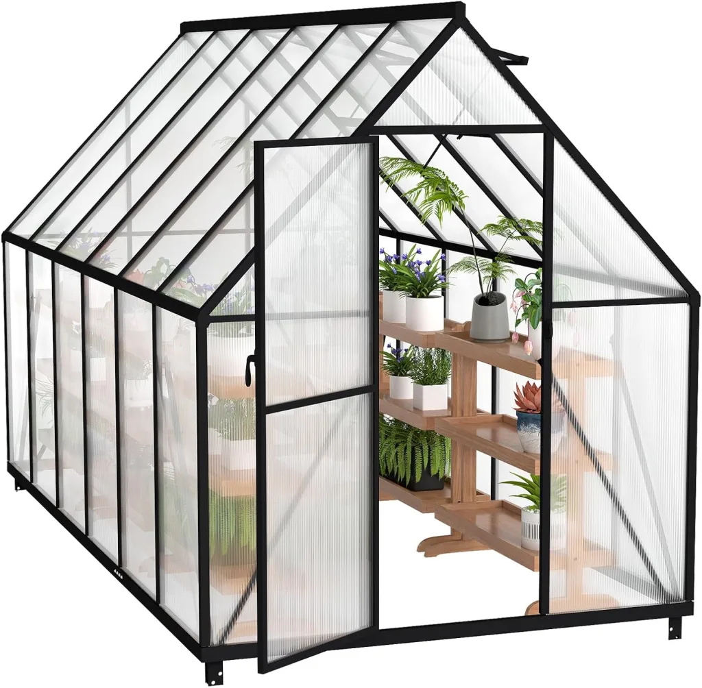 Froadp Gewächshaus aus Aluminium mit Fundament 340x180x195cm Gartengewächshäuser 4mm PC-Hohlkammerplatten Wetterfest Treibhaus, Tomatenhaus mit Fenstern Treibhaus für Garten & Aufzucht