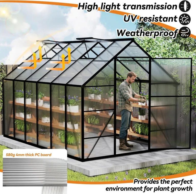 Froadp Gewächshaus aus Aluminium mit Fundament 310x250x205cm Gartengewächshäuser 4mm PC-Hohlkammerplatten Wetterfest Treibhaus, Tomatenhaus mit Fenstern Treibhaus für Garten & Aufzucht – Bild 6