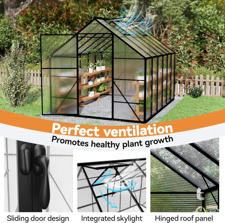 Froadp Gewächshaus aus Aluminium mit Fundament 310x250x205cm Gartengewächshäuser 4mm PC-Hohlkammerplatten Wetterfest Treibhaus, Tomatenhaus mit Fenstern Treibhaus für Garten & Aufzucht – Bild 7