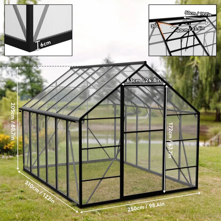 Froadp Gewächshaus aus Aluminium mit Fundament 310x250x205cm Gartengewächshäuser 4mm PC-Hohlkammerplatten Wetterfest Treibhaus, Tomatenhaus mit Fenstern Treibhaus für Garten & Aufzucht – Bild 2