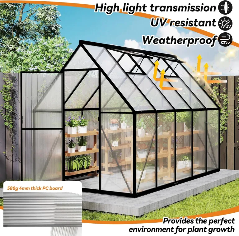 Froadp Gewächshaus aus Aluminium mit Fundament 280x180x195cm Gartengewächshäuser 4mm PC-Hohlkammerplatten Wetterfest Treibhaus, Tomatenhaus mit Fenstern Treibhaus für Garten & Aufzucht – Bild 6