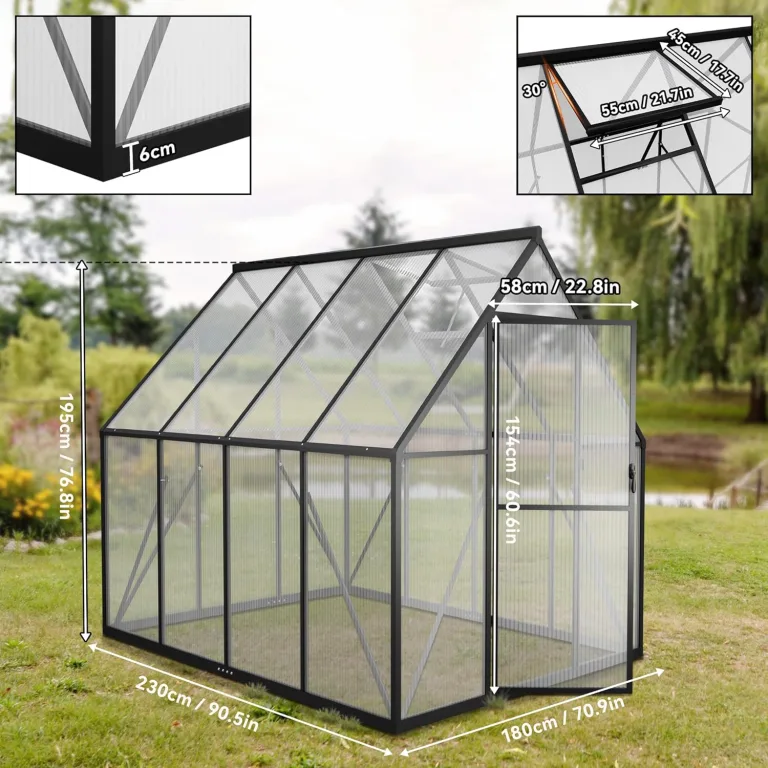 Froadp Gewächshaus aus Aluminium mit Fundament 230x180x195cm Gartengewächshäuser 4mm PC-Hohlkammerplatten Wetterfest Treibhaus, Tomatenhaus mit Fenstern Treibhaus für Garten & Aufzucht – Bild 2