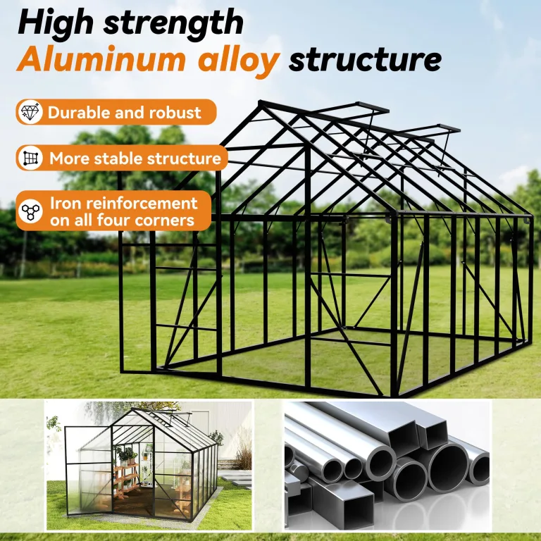 UISEBRT Gewächshaus Treibhaus für Garten Tomatenhaus mit Fundament Frühbeet Pflanzenhaus mit Fenster & Wetterfestem Hohlkammerplatten Gartengewächshäuser 380x250x205cm UV- & Frostgeschützt – Bild 4