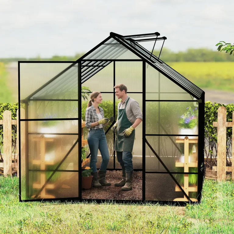 UISEBRT Gewächshaus Treibhaus für Garten Tomatenhaus mit Fundament Frühbeet Pflanzenhaus mit Fenster & Wetterfestem Hohlkammerplatten Gartengewächshäuser 380x250x205cm UV- & Frostgeschützt – Bild 9