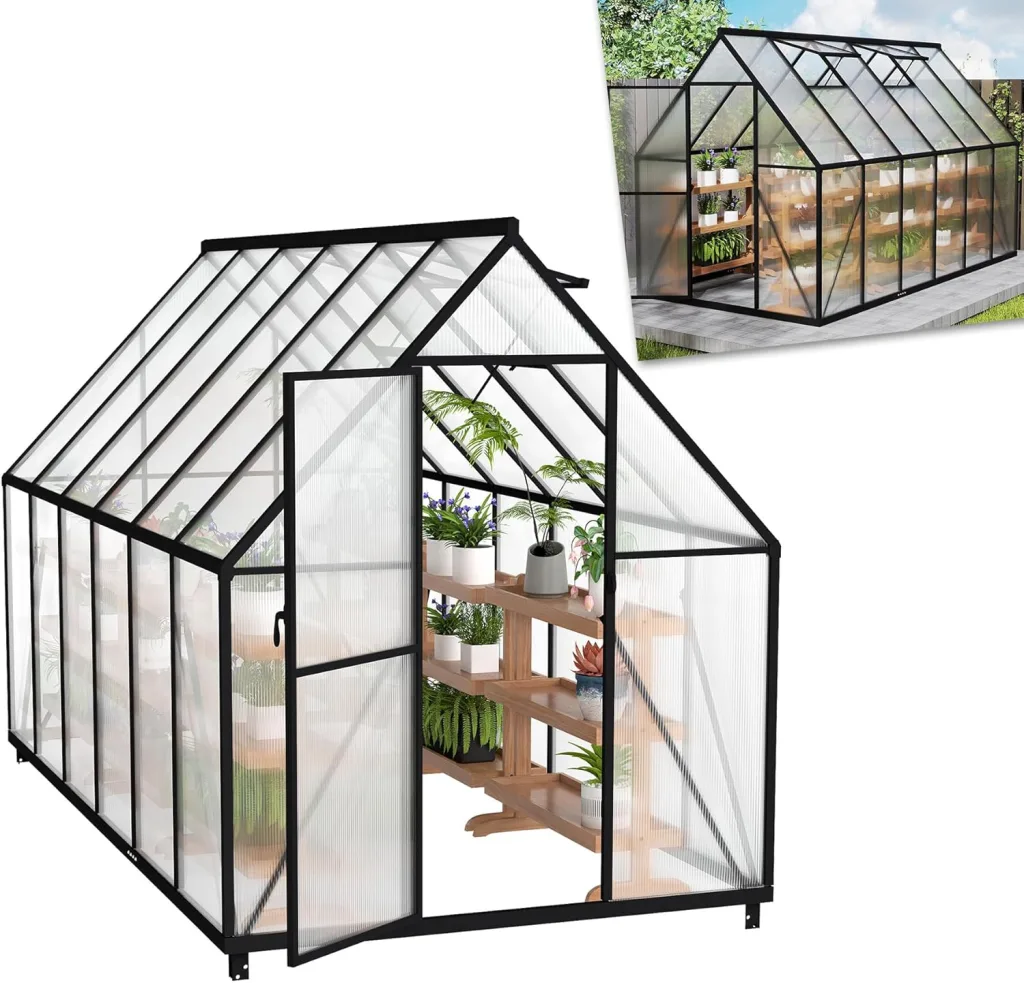 Gewächshaus für Garten, Aluminium Treibhaus, Tomatenhaus & Pflanzenhaus mit Fundament, Dachfenster, PC-Platten, Bodenanker, Eisenverstärkung, 340x180x195cm Frühbeet, Wetterfest & UV-beständig