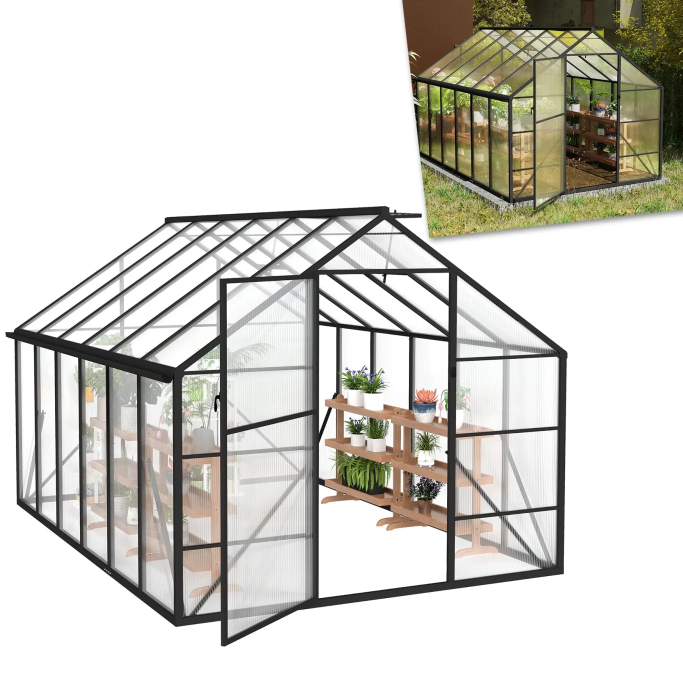 ACXIN Gewächshaus für Garten, Aluminium Treibhaus, Tomatenhaus & Pflanzenhaus mit Fundament, Dachfenster, PC-Platten, Bodenanker, Eisenverstärkung, 380x250x205cm Frühbeet, Wetterfest & UV-beständig - Bild 1
