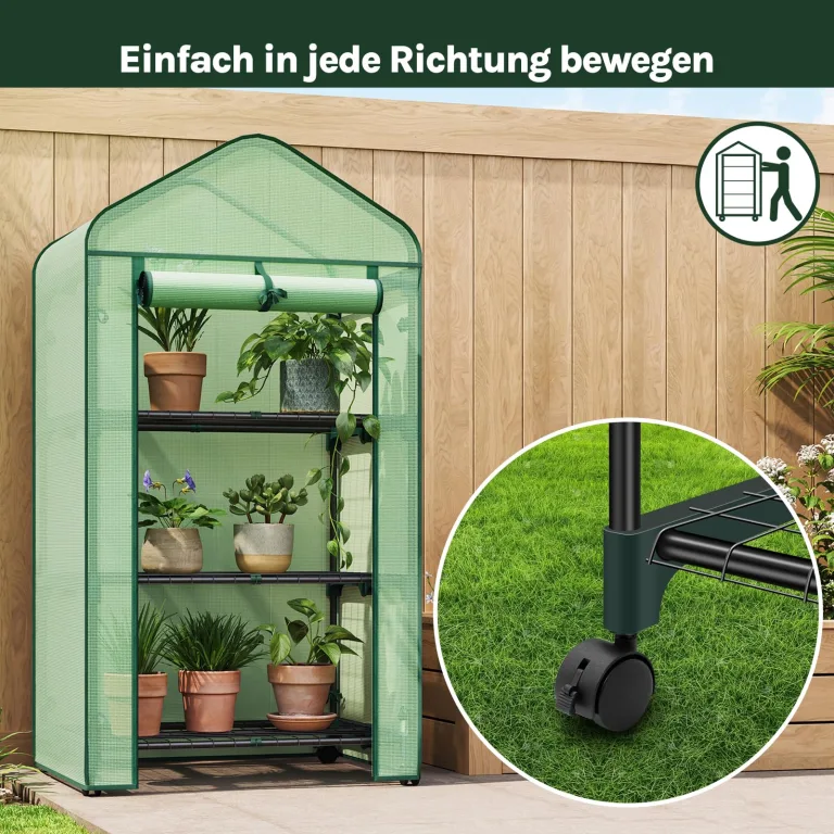 WOLTU Gewächshaus mit Rollen, Foliengewächshaus mit 3 Regalen, halbtransparentes Tomatengewächshaus mit aufrollbarer Tür, Winterschutz für Pflanzen, für Balkon Terrasse Garten, 70x50x131 cm, Grün – Bild 3