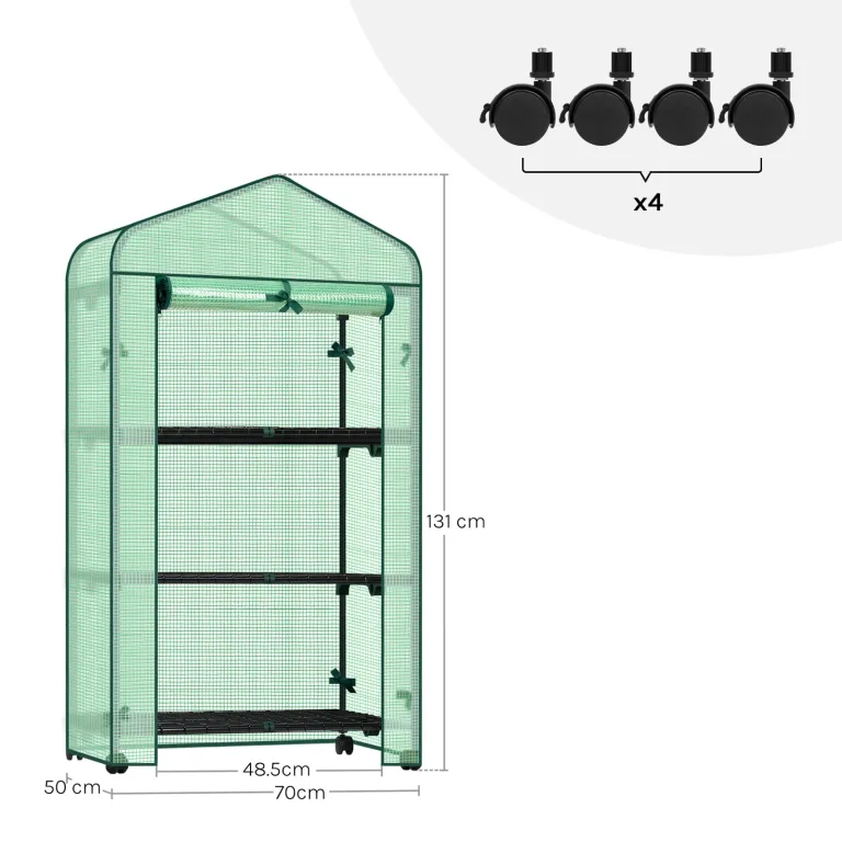 WOLTU Gewächshaus mit Rollen, Foliengewächshaus mit 3 Regalen, halbtransparentes Tomatengewächshaus mit aufrollbarer Tür, Winterschutz für Pflanzen, für Balkon Terrasse Garten, 70x50x131 cm, Grün – Bild 9