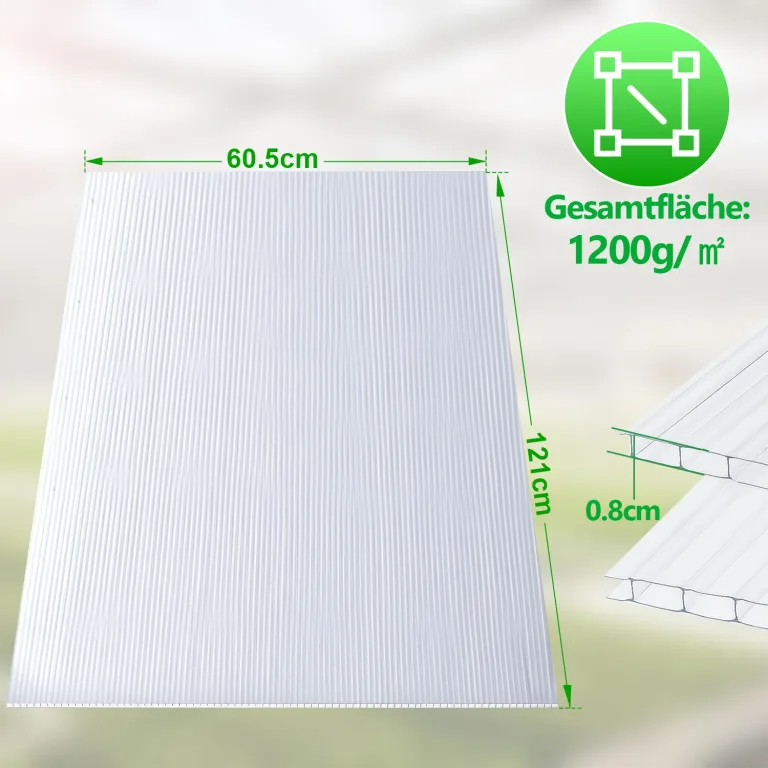10x Polycarbonat Hohlkammerstegplatten 8mm, 60.5 x 121 cm Zuschneidbarer, Gewächshausplatten UV-beständigen für Gewächshaus Gartenbau Treibhaus Ersatzplatten – Bild 2