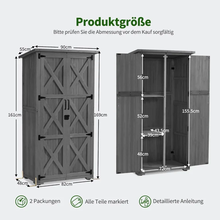 M MCombo Gartenschrank Holz, Gartenhaus Klein Wetterfest, Outdoor Gerätehaus Geräteschuppen, für Außenbereich Balkon Terrasse, 55×90×169cm, 0878EY-F (Grau) – Bild 3